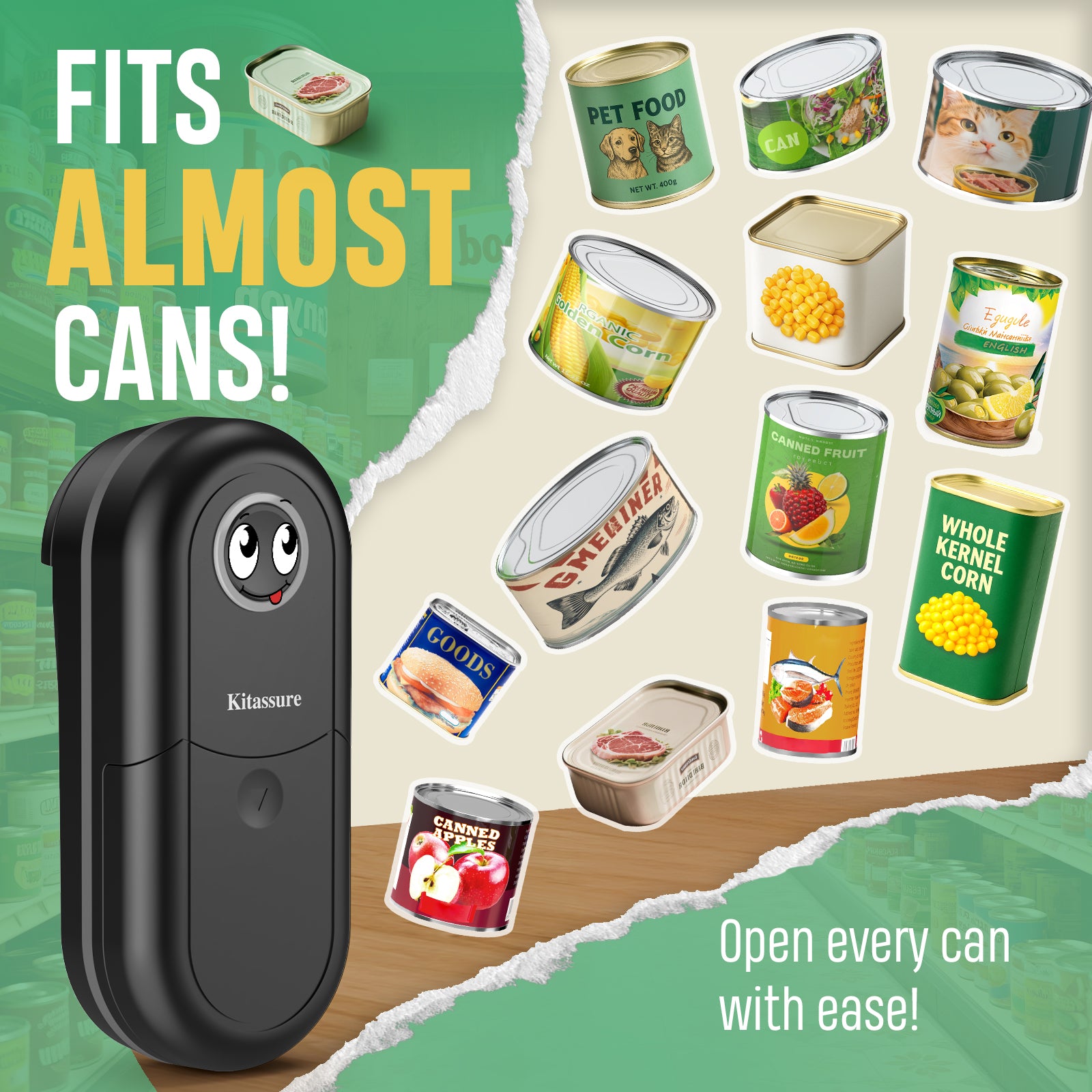 Kitassure Handsfree One-Touch Electric Can Opener Easy and Fast Flex Side Cut All Can Sizes, Automatic Handheld Battery Operated Kitchen Gadget Gift with Smooth Edge Safety for Seniors &amp; Arthritis