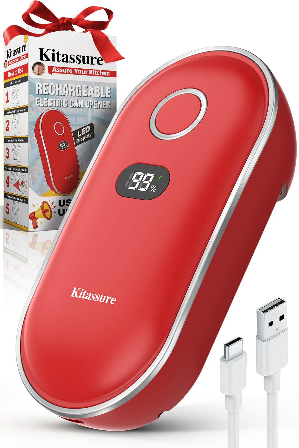 Kitassure Handsfree One-Touch Rechargeable Electric Can Opener Easy Flex Side Cut All Can Sizes with LED Display and Smooth Edge Safety for Arthritis &amp; Seniors, Automatic Cordless Kitchen Gadget Gift 