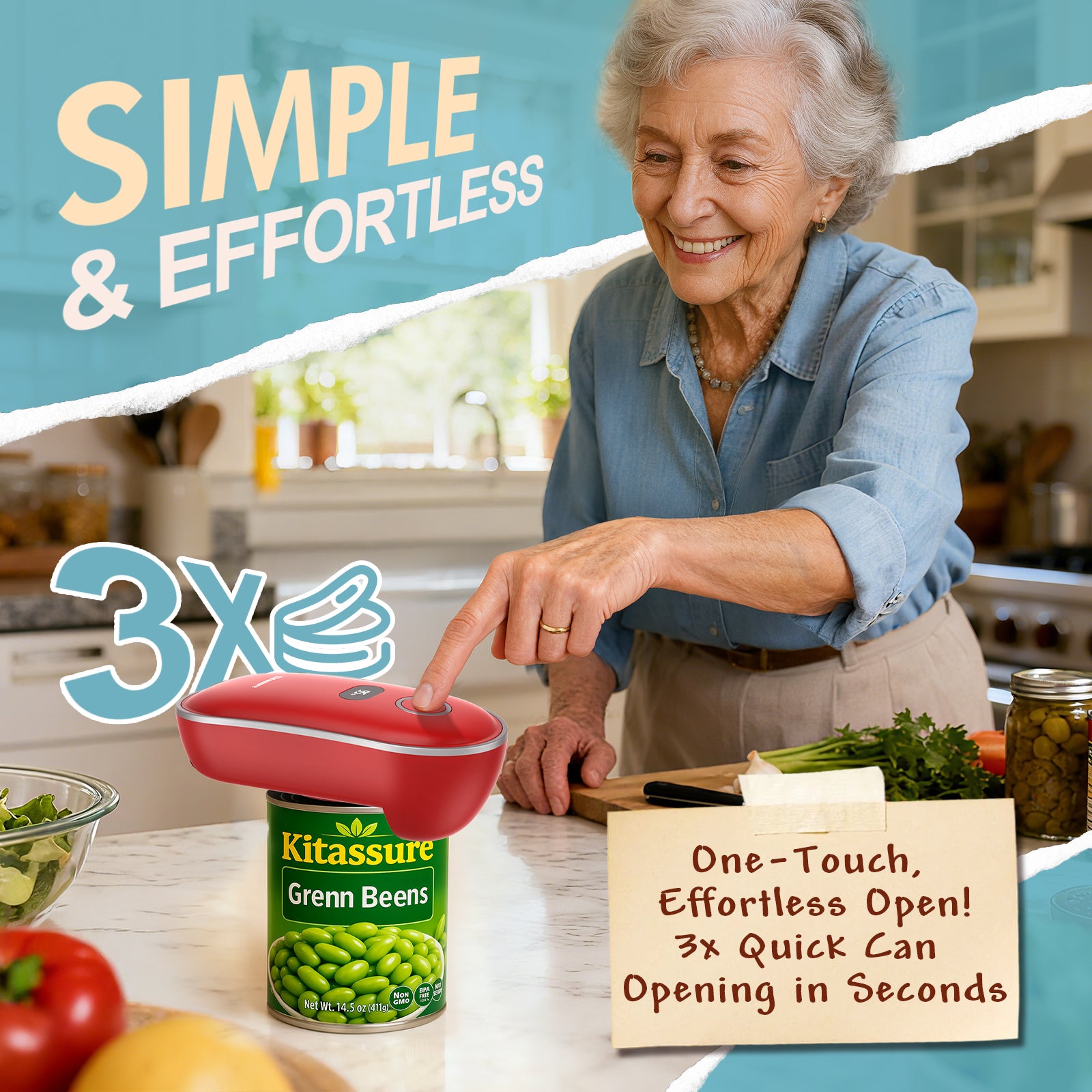 Kitassure Handsfree One-Touch Rechargeable Electric Can Opener Easy Flex Side Cut All Can Sizes with LED Display and Smooth Edge Safety for Arthritis &amp; Seniors, Automatic Cordless Kitchen Gadget Gift 